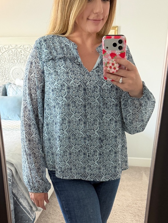 Wonderly Tops - Wonderly Light Blue Printed V-Neck Long Sleeve Blouse